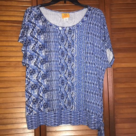 NWOT blue and white beaded blouse
